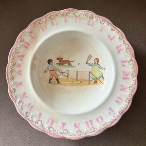 Antique 1920s McNicol Pottery Child’s Plate – Alphabet Rim & Tennis Scene 🎾🐶
